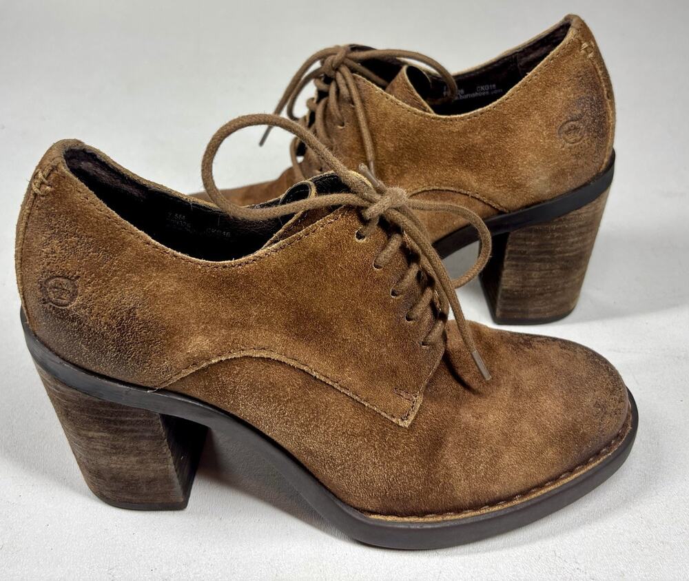 Born Jolene Women’s 7.5 Brown Distressed Suede Lace Up Oxford Block Heel Shoes
